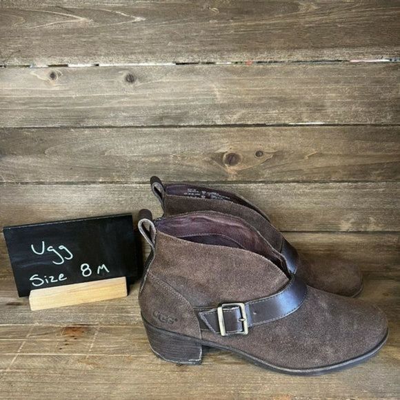Womens Ugg Wright Belted Brown‎ Suede Sheepskin Heeled Ankle Boots Size 8 M EUC - Picture 1 of 6